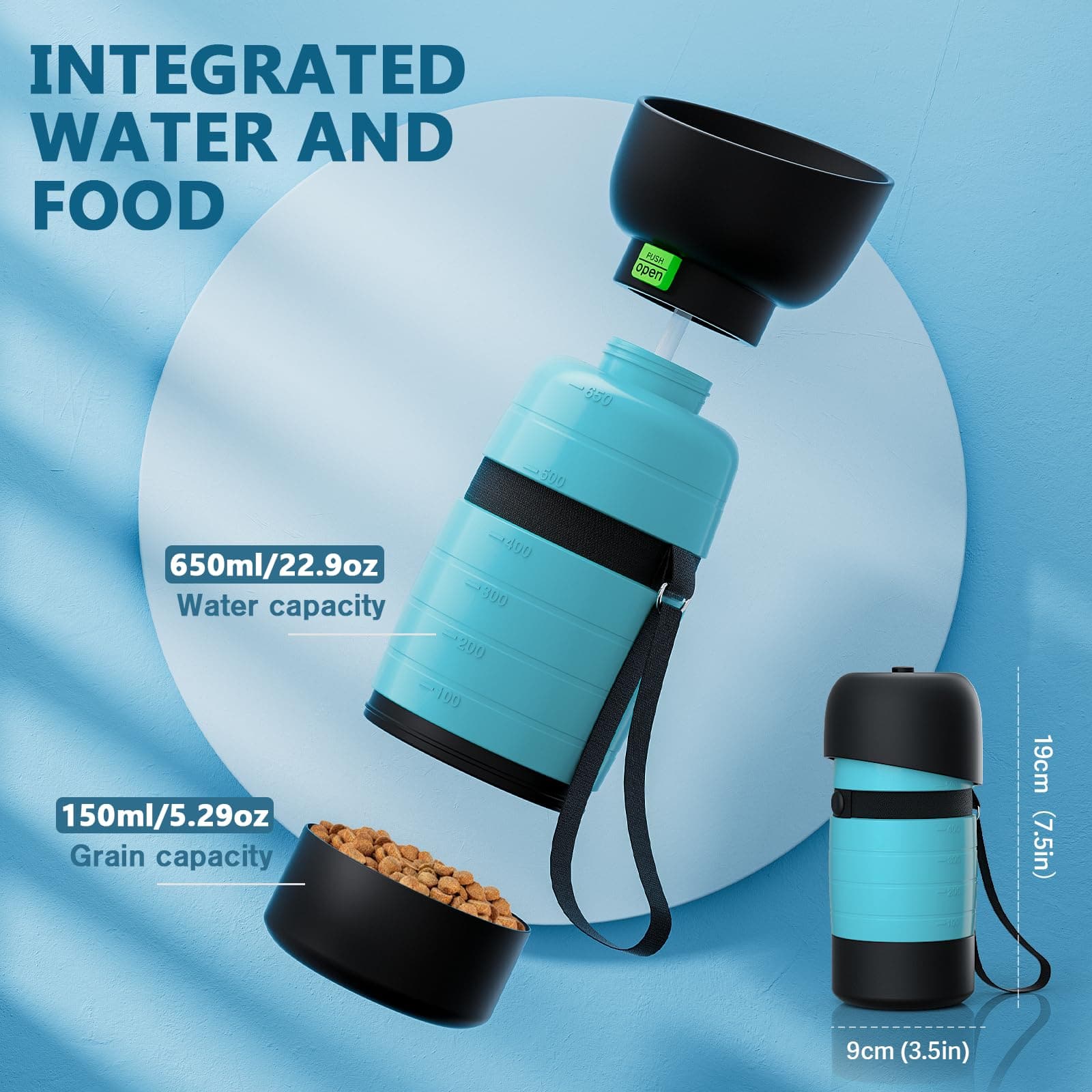 Pecute Bottiglia d'acqua portatile per cani blu con contenitore per alimenti (650 ml + 150 ml)