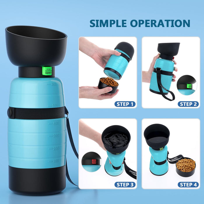 Pecute Blue Bouteille d'eau portable pour chien avec récipient alimentaire (650 ml + 150 ml)